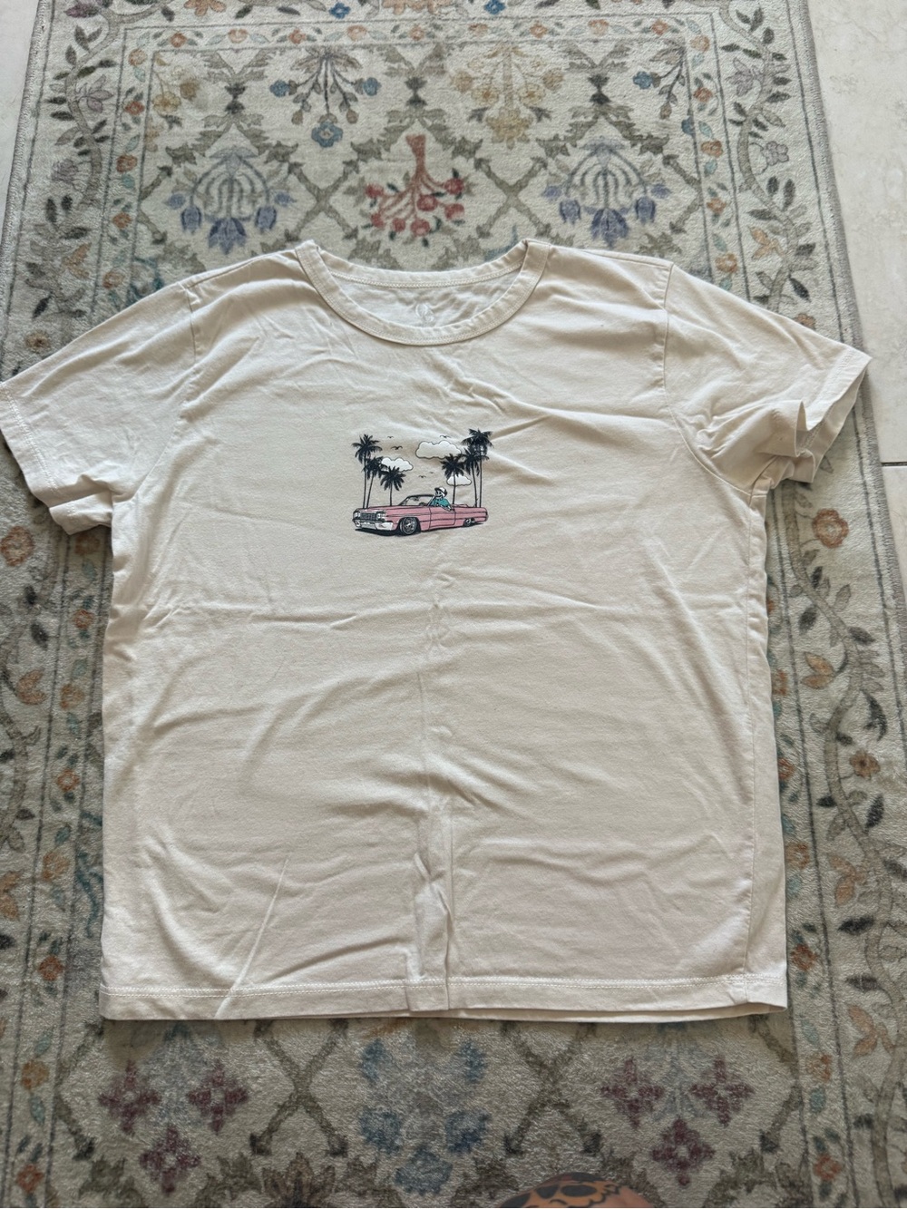 Cream Graphic Tee with Pink Convertible and Palm Trees